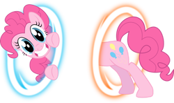 Size: 1158x690 | Tagged: safe, artist:blackgryph0n, pinkie pie (mlp), earth pony, equine, fictional species, mammal, pony, feral, friendship is magic, hasbro, my little pony, portal (game), valve, blue eyes, crossover, female, hair, hooves, looking at you, mane, mare, portal, smiling, smiling at you, solo, solo female, tail