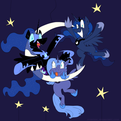 Size: 2000x2000 | Tagged: safe, artist:zoarvek, nightmare moon (mlp), princess luna (mlp), alicorn, equine, fictional species, mammal, pony, feral, animaniacs, friendship is magic, hasbro, my little pony, warner brothers, blue background, crossover, female, group, high res, horn, mare, self paradox, simple background, stars, style emulation, tail, trio, trio female