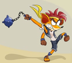 Size: 1024x891 | Tagged: safe, artist:magmortar75, bolo (shantae), crash bandicoot (crash bandicoot), bandicoot, mammal, marsupial, anthro, crash bandicoot (series), shantae (series), bottomwear, clothes, cosplay, crossover, flail, headband, male, pants, solo, solo male, weapon