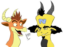 Size: 1028x777 | Tagged: safe, artist:nikka-a, crash bandicoot (crash bandicoot), dr. neo cortex (crash bandicoot), dragon, fictional species, furred dragon, feral, crash bandicoot (series), black hair, brown hair, duo, duo male, ears, fangs, hair, horns, looking at someone, male, males only, open mouth, simple background, species swap, teeth, white background