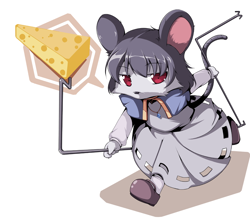 Size: 800x701 | Tagged: safe, artist:fujy, nazrin (touhou), mammal, mouse, rodent, anthro, touhou, 2009, bottomwear, cheese, clothes, cute, female, skirt, solo, solo female, species swap, tail