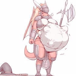 Size: 1600x1600 | Tagged: suggestive, artist:57m_m_, dragon, fictional species, anthro, belly, big belly, big breasts, breasts, carnivore, cleavage, clothes, female, halberd, hat, impossible fit, solo, solo female, staff, tail, vore, weapon