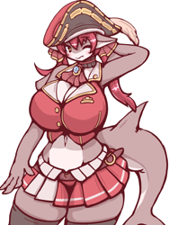 Size: 1200x1600 | Tagged: safe, artist:57m_m_, fish, shark, anthro, hololive, big breasts, bottomwear, breasts, cleavage, clothes, crop top, female, fins, fish tail, hat, houshou marine, midriff, one eye closed, pirate, shark tail, shorts, simple background, skirt, solo, solo female, tail, topwear, vtuber, white background, winking