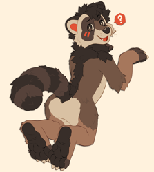 Size: 3068x3440 | Tagged: species needed, safe, artist:rivermakes, mammal, anthro, plantigrade anthro, 2020, black fur, blushing, brown eyes, brown fur, cheek fluff, claws, digital art, featureless crotch, fluff, fur, high res, kneeling, looking at you, looking back, looking back at you, male, open mouth, question mark, rear view, ringtail, soles, solo, solo male, speech bubble, tail, tan fur, whiskers