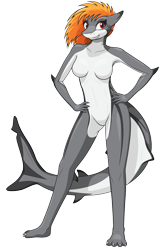 Size: 1646x2559 | Tagged: safe, artist:proceleon, edit, oc, oc only, oc:blazen trail, blacktip reef shark, fish, shark, anthro, plantigrade anthro, breasts, cel shading, claws, commission, featureless breasts, featureless crotch, female, fins, fish tail, full body, gills, hair, hand on hip, long tail, looking at you, nudity, orange hair, red eyes, scar, shark tail, simple background, solo, solo female, tail, transparent background, vector