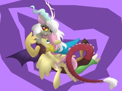 Size: 1024x768 | Tagged: safe, artist:geraritydevillefort, discord (mlp), fluttershy (mlp), draconequus, equine, fictional species, mammal, pegasus, pony, feral, semi-anthro, friendship is magic, hasbro, my little pony, butterscotch (mlp), discoshy (mlp), duo, eris (mlp), eriscotch (mlp), female, interspecies, male, male/female, rule 63, shipping, tail