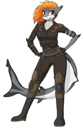 Size: 1646x2559 | Tagged: safe, artist:proceleon, oc, oc only, oc:blazen trail, blacktip reef shark, fish, shark, anthro, plantigrade anthro, boots, cel shading, claws, clothes, commission, female, fins, fish tail, full body, gills, gloves, hair, hand on hip, long tail, looking at you, orange hair, red eyes, scar, shark tail, shoes, simple background, solo, solo female, tail, transparent background, vector