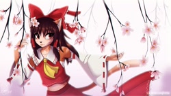Size: 1280x720 | Tagged: safe, artist:eipril, reimu hakurei (touhou), canine, fox, mammal, anthro, touhou, 16:9, 2018, 2d, abstract background, brown hair, cherry blossoms, clothes, digital art, female, flower, furrified, hair, half body, kemono, looking at something, red eyes, sakura, signature, solo, solo female, species swap, tail, text, vixen