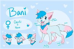 Size: 3000x2000 | Tagged: safe, artist:ezpups, oc, oc only, oc:bani temari, cat, feline, mammal, feral, youtube, 2016, abstract background, bandanna, blue background, blue eyes, blue fur, blue hair, character name, cheek fluff, chest fluff, clothes, color palette, cute, ear fluff, english text, fangs, female, fluff, fur, hair, happy, head fluff, heart, high res, leg fluff, looking at something, looking at you, neck fluff, ocbetes, one eye closed, open mouth, paws, pink fur, question mark, reference sheet, simple background, smiling, solo, solo female, standing, tail, tail fluff, teeth, text, winking