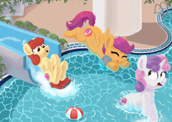 Size: 4960x3508 | Tagged: safe, artist:pucksterv, apple bloom (mlp), scootaloo (mlp), sweetie belle (mlp), earth pony, equine, fictional species, mammal, pegasus, pony, unicorn, feral, friendship is magic, hasbro, my little pony, 2020, beach ball, commission, cutie mark crusaders (mlp), eyes closed, female, filly, foal, group, hair, hooves, horn, jumping, mane, plant, rock, scenery, signature, slide, splashing, summer, swimming, swimming pool, tail, trio, underhoof, water, wings, young