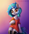 Size: 2052x2369 | Tagged: safe, artist:gouransion, vinyl scratch (mlp), equine, fictional species, mammal, pony, unicorn, anthro, friendship is magic, hasbro, my little pony, anthrofied, blue hair, book, clothes, female, hair, high res, horn, jewelry, latex, latex stockings, legwear, looking at you, mare, necklace, oversized clothes, panties, red eyes, shirt, smiling, solo, solo female, stockings, tail, topwear, underwear