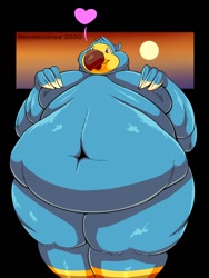 Size: 960x1280 | Tagged: suggestive, artist:fennekoshee, orville (animal crossing), bird, dodo, anthro, animal crossing, animal crossing: new horizons, nintendo, 2020, bhm, chubby cheeks, fat, fat fetish, front view, gradient background, heart, hyper, hyper belly, love heart, male, moobs, morbidly obese, obese, signature, solo, solo male, sun, thick thighs, thighs