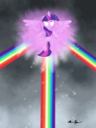 Size: 1280x1707 | Tagged: safe, artist:robots-art, twilight sparkle (mlp), alicorn, equine, fictional species, mammal, pony, feral, friendship is magic, hasbro, my little pony, badass, feathered wings, feathers, female, flying, glowing, glowing eyes, horn, mare, rainbow, scene interpretation, signature, smiling, solo, solo female, spread wings, tail, wings