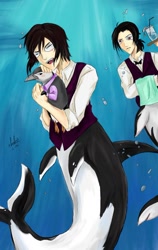 Size: 766x1213 | Tagged: safe, artist:blue_formalin, oc, oc only, bird, cetacean, mammal, orca, penguin, feral, humanoid, 2015, cup, group, hug, male, smiling, straw, tail, trio, underwater, water