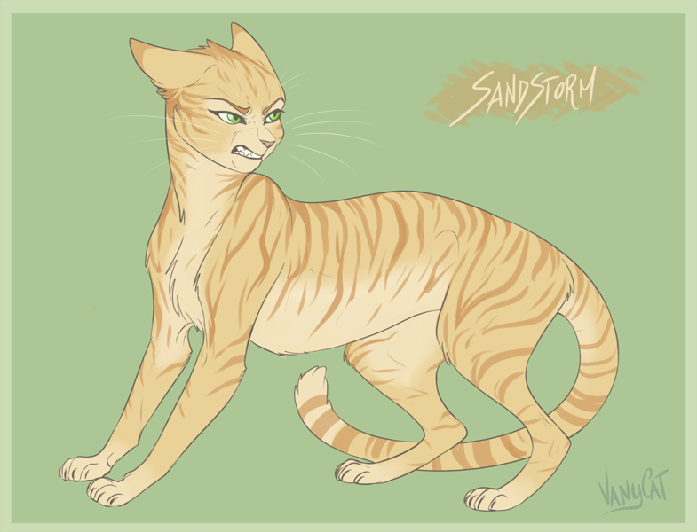 16150 - safe, artist:vanycat, sandstorm (warrior cats), cat, feline,  mammal, feral, warrior cats, angry, character name, claws, fangs, female,  fur, green background, paws, sharp teeth, simple background, solo, solo  female, tail, teeth