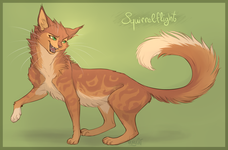 16152 - safe, artist:vanycat, squirrelflight (warrior cats), cat, feline,  mammal, feral, warrior cats, character name, female, fur, green background,  paws, raised leg, simple background, solo, solo female, tail - Furbooru