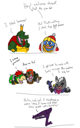 Size: 1209x1920 | Tagged: safe, artist:cryophase, part of a set, bowser (mario), ganondorf (zelda), king dedede (kirby), king k. rool (donkey kong), ridley (metroid), wolf o'donnell (star fox), alien, bird, canine, crocodile, crocodilian, dragon, fictional species, gerudo, koopa, mammal, penguin, reptile, wolf, anthro, comic:smash baddies, donkey kong (series), kirby (series), mario (series), metroid (series), nintendo, star fox, super smash brothers, the legend of zelda, 2018, antagonist, crossover, fur, group, implied murder, male, males only