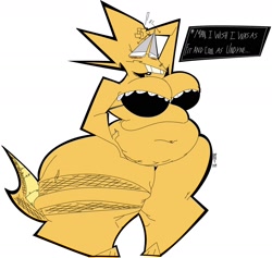 Size: 1700x1614 | Tagged: suggestive, artist:action-coaster, alphys (undertale), lizard, reptile, anthro, undertale, 2019, belly, belly button, belly grab, blushing, bottomless, bra, breasts, clothes, dialogue, fat, female, glasses, hyper, hyper thighs, nudity, overweight, partial nudity, simple background, solo, solo female, tail, talking, text, underwear, white background, yellow scales