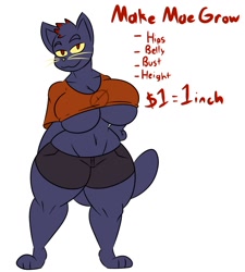 Size: 1152x1280 | Tagged: suggestive, artist:kingretrokirby, mae borowski (nitw), cat, feline, mammal, anthro, comic:make mae grow, night in the woods, 2020, :3, belly button, big breasts, blue fur, bottomwear, breasts, cleavage, clothes, crop top, cropped shirt, expansion drive, female, fur, looking at you, midriff, red eyes, shorts, simple background, smiling, solo, solo female, t-shirt, tail, text, thick thighs, thighs, topwear, underboob, whiskers, white background, yellow sclera