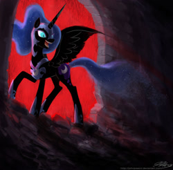 Size: 1100x1081 | Tagged: safe, artist:johnjoseco, nightmare moon (mlp), alicorn, equine, fictional species, mammal, pony, feral, friendship is magic, hasbro, my little pony, clothes, ethereal mane, fangs, feathered wings, feathers, female, fur, helmet, horn, mare, open mouth, peytral, shoes, signature, slit pupils, solo, solo female, tail, teeth, wings