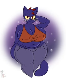 Size: 1090x1280 | Tagged: suggestive, artist:kingretrokirby, mae borowski (nitw), cat, feline, mammal, anthro, night in the woods, 2020, belly, belly button, blue fur, bottomwear, breasts, clothes, fat, fur, hand behind head, huge breasts, jeans, midriff, overweight, pants, red eyes, solo, t-shirt, tail, thick thighs, thighs, topwear, watermark, whiskers, yellow sclera