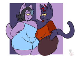 Size: 3823x2871 | Tagged: suggestive, artist:kingretrokirby, catty (undertale), mae borowski (nitw), cat, feline, mammal, anthro, night in the woods, undertale, 2020, belly, blue fur, blushing, bottomwear, breast squish, breasts, cleavage, clothes, commission, crossover, duo, duo female, fat, female, fur, hands behind back, hands in pockets, high res, huge breasts, jeans, looking at each other, overalls, overweight, pants, purple fur, red eyes, side view, t-shirt, tail, thick thighs, thighs, topwear, watermark, whiskers, yellow sclera