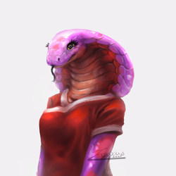 Size: 2000x2000 | Tagged: safe, artist:foxixus1, oc, oc only, oc:keeshee, reptile, snake, anthro, 2020, clothes, female, front view, high res, scales, shirt, signature, simple background, solo, solo female, tongue, tongue out, topwear, white background, yellow eyes