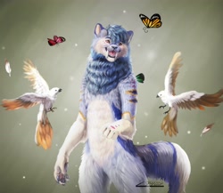 Size: 4096x3562 | Tagged: safe, artist:foxixus1, arthropod, big cat, bird, butterfly, feline, insect, mammal, parrot, tiger, anthro, feral, fangs, fur, male, solo, solo male, tail, teeth