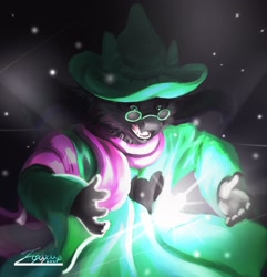 Size: 2888x3000 | Tagged: safe, artist:foxixus1, ralsei (deltarune), bovid, darkner, fictional species, goat, mammal, anthro, deltarune, 2020, clothes, glasses, hat, high res, magic, male, robe, round glasses, solo, solo male