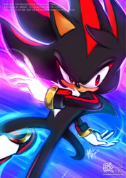 Size: 842x1190 | Tagged: safe, artist:goldhedgehog, shadow the hedgehog (sonic), hedgehog, mammal, anthro, sega, sonic the hedgehog (series), 2015, black fur, chest fluff, clothes, digital art, fluff, fur, gloves, male, quills, red eyes, shoes, signature, sneakers, solo, solo male, tail
