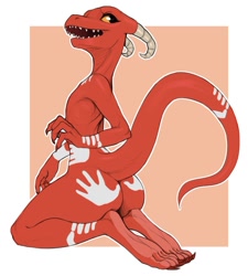 Size: 1115x1237 | Tagged: suggestive, artist:waga, oc, oc only, oc:tugma (rml), fictional species, kobold, reptile, anthro, ambiguous gender, body paint, butt, handprints, horns, looking back, open mouth, raised tail, solo, solo ambiguous, tail, teeth