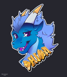 Size: 1035x1200 | Tagged: safe, artist:neon0007, oc, oc only, oc:shima (shima laqi), dragon, fictional species, western dragon, ambiguous form, badge, bust, fur, horns, portrait, purple eyes, scales, solo
