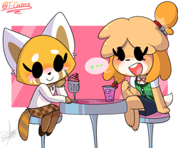 Size: 5445x4541 | Tagged: safe, artist:t-whiskers, isabelle (animal crossing), retsuko (aggretsuko), canine, dog, mammal, red panda, shih tzu, anthro, aggretsuko, animal crossing, nintendo, sanrio, ..., 2019, absurd resolution, berry, blush sticker, blushing, bottomwear, cherry, clothes, crossover, cute, drink, duo, duo female, female, food, fruit, fur, signature, skirt, speech bubble, stool, strawberry, tail, talking, watermark