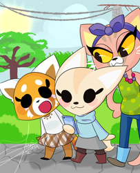 Size: 3000x3701 | Tagged: safe, artist:t-whiskers, fenneko (aggretsuko), puko (aggretsuko), retsuko (aggretsuko), canine, cat, feline, fennec fox, fox, mammal, red panda, anthro, aggretsuko, sanrio, 2019, blush sticker, bottomwear, cell phone, clothes, fur, high res, jeans, outdoors, pants, phone, shirt, signature, skirt, smartphone, tail, topwear, tree, trio female, walking, yellow sclera