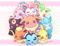 Size: 600x464 | Tagged: safe, artist:toasterkiwi, eeveelution, espeon, fictional species, flareon, glaceon, jolteon, leafeon, mammal, sylveon, umbreon, vaporeon, feral, nintendo, pokémon, ambiguous gender, chibi, cute, fur, group, looking at you, one eye closed, smiling, tail
