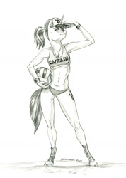 Size: 1000x1406 | Tagged: safe, artist:baron engel, shining armor (mlp), equine, fictional species, mammal, pony, unicorn, anthro, unguligrade anthro, friendship is magic, hasbro, my little pony, anthrofied, ball, baseball cap, bikini, black and white, cap, clothes, female, fur, gleaming shield (mlp), grayscale, hat, hooves, horn, mare, monochrome, rule 63, shoes, signature, smiling, solo, solo female, swimsuit, tail, traditional art, volleyball