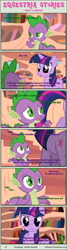 Size: 1004x3753 | Tagged: safe, artist:estories, spike (mlp), twilight sparkle (mlp), dragon, equine, fictional species, mammal, pony, reptile, scaled dragon, unicorn, western dragon, feral, semi-anthro, comic:seeds of darkness, friendship is magic, hasbro, my little pony, comic, dialogue, duo, female, fur, horn, male, on model, tail, talking