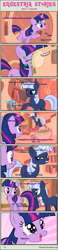 Size: 1004x4337 | Tagged: safe, artist:estories, twilight sparkle (mlp), oc, oc:silverlay, equine, fictional species, mammal, pony, unicorn, feral, comic:seeds of darkness, friendship is magic, hasbro, my little pony, bandage, bowl, comic, dialogue, duo, duo female, female, food, fur, glowing, glowing horn, horn, on model, tail, talking, telekinesis