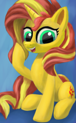 Size: 1873x3000 | Tagged: safe, artist:flusanix, sunset shimmer (mlp), equine, fictional species, mammal, pony, unicorn, feral, friendship is magic, hasbro, my little pony, blue background, female, fur, high res, horn, mare, open mouth, simple background, sitting, solo, solo female, tail
