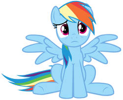 Size: 2232x1812 | Tagged: safe, artist:cloudyglow, rainbow dash (mlp), equine, fictional species, mammal, pegasus, pony, feral, friendship is magic, hasbro, my little pony, ears, feathered wings, feathers, female, fur, hair, high res, hooves, looking at someone, looking at you, mane, mare, on model, rainbow hair, simple background, sitting, solo, solo female, spread wings, tail, transparent background, vector, wings, worried