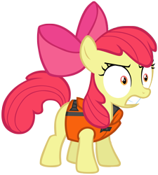 Size: 2100x2338 | Tagged: safe, artist:cloudyglow, apple bloom (mlp), earth pony, equine, fictional species, mammal, pony, feral, friendship is magic, hasbro, my little pony, angry, female, filly, foal, fur, high res, lifejacket, on model, simple background, solo, solo female, tail, transparent background, vector, young