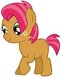 Size: 1440x1810 | Tagged: safe, artist:cloudyglow, babs seed (mlp), earth pony, equine, fictional species, mammal, pony, feral, friendship is magic, hasbro, my little pony, female, filly, foal, freckles, fur, on model, simple background, smiling, solo, solo female, tail, transparent background, young