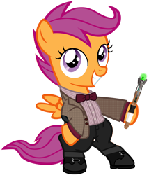 Size: 1902x2226 | Tagged: safe, artist:cloudyglow, scootaloo (mlp), equine, fictional species, mammal, pegasus, pony, feral, doctor who, friendship is magic, hasbro, my little pony, bipedal, clothes, cosplay, feathered wings, feathers, female, filly, foal, fur, on model, screwdriver, simple background, smiling, solo, solo female, sonic screwdriver, tail, transparent background, vector, wings, young