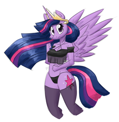 Size: 1400x1434 | Tagged: safe, artist:flutterthrash, twilight sparkle (mlp), alicorn, equine, fictional species, mammal, pony, anthro, friendship is magic, hasbro, my little pony, anthrofied, breasts, clothes, crown, feathered wings, feathers, female, fur, horn, legwear, mare, regalia, simple background, socks, solo, solo female, tail, thigh highs, underwear, white background, wings