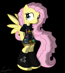 Size: 1244x1400 | Tagged: safe, artist:flutterthrash, fluttershy (mlp), equine, fictional species, mammal, pegasus, pony, feral, friendship is magic, hasbro, my little pony, alternate hairstyle, bipedal, black background, clothes, feathered wings, feathers, female, fur, mare, shirt, signature, simple background, solo, solo female, tail, topwear, wings