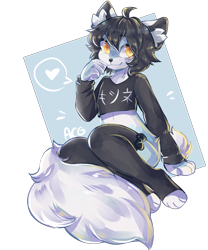 Size: 2000x2400 | Tagged: species needed, safe, artist:anakoluth, oc, oc only, anthro, abstract background, clothes, commission, ear fluff, female, fluff, heart, high res, legwear, looking at something, paws, ribbon, shirt, signature, sitting, smiling, solo, solo female, stockings, tail, tail fluff, topwear