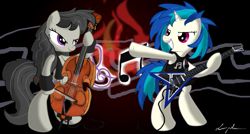 Size: 1725x925 | Tagged: safe, artist:flutterthrash, octavia melody (mlp), vinyl scratch (mlp), earth pony, equine, fictional species, mammal, pony, unicorn, feral, friendship is magic, hasbro, my little pony, alternate hairstyle, armband, cello, clothes, duo, duo female, female, female/female, fur, guitar, horn, mare, metal, musical instrument, scratchtavia (mlp), shipping, shirt, tail, topwear