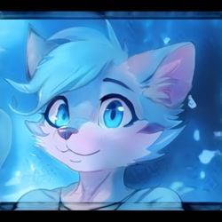 Size: 1024x1024 | Tagged: safe, artist:thisfursonadoesnotexist, oc, oc only, canine, fox, mammal, anthro, abstract background, ambiguous gender, artificial intelligence, blue eyes, blue fur, bust, fur, looking at you, neural network, solo, solo ambiguous