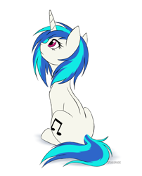 Size: 2545x3157 | Tagged: safe, artist:starshade, vinyl scratch (mlp), equine, fictional species, mammal, pony, unicorn, feral, friendship is magic, hasbro, my little pony, blue hair, blue mane, blue tail, cute, female, full body, fur, hair, high res, hooves, horn, magenta eyes, mane, mare, signature, simple background, sitting, solo, solo female, tail, white background, white fur