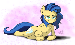Size: 3224x1968 | Tagged: suggestive, artist:killryde, oc, oc only, oc:milky way, earth pony, equine, fictional species, mammal, pony, feral, friendship is magic, hasbro, my little pony, 2013, blue hair, chest fluff, cutie mark, female, fluff, fur, green eyes, hair, hooves, looking at you, mare, signature, solo, solo female, tail, teats, yellow fur